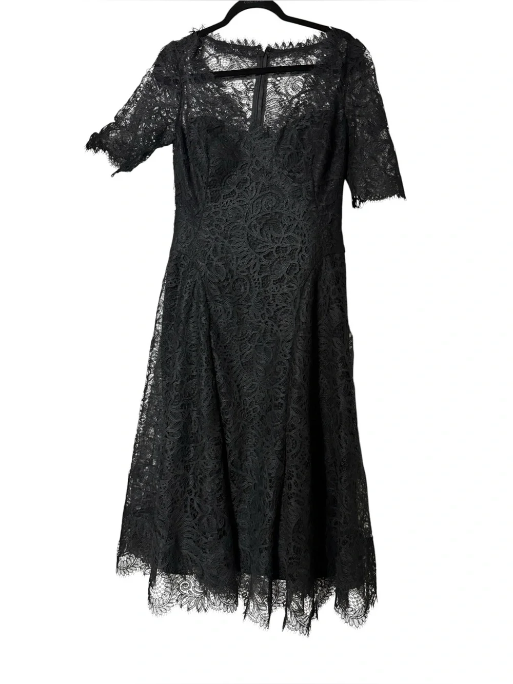 RICKIE FREEMAN FOR TERI JON Black A-Line Scalloped Lace Midi Dress Size 8 - Picture 4 of 7